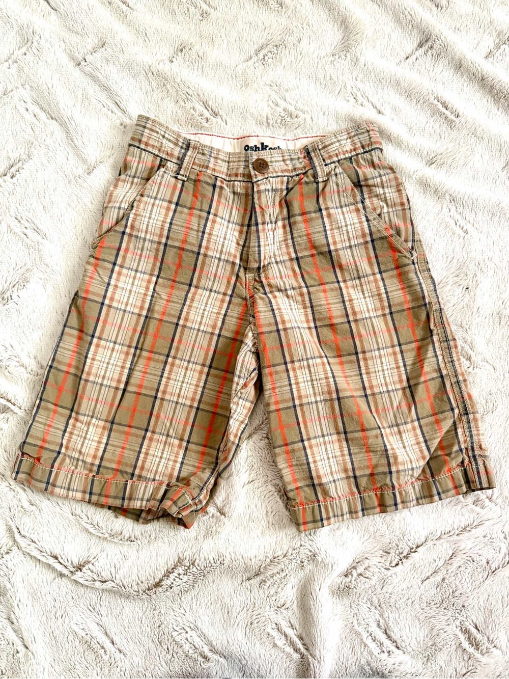OshKosh B'gosh Boys Plaid Cargo Shorts 7X Khaki Orange Blue